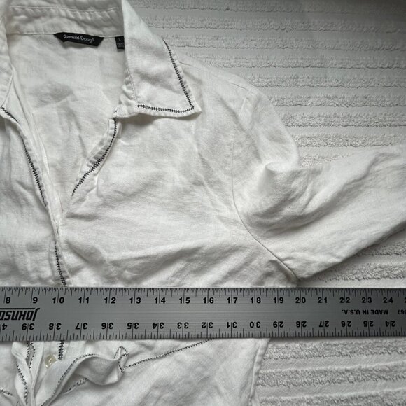 Samuel Dong 100% Linen Shirt Large Button Up Tie-Front White Black Embroidered - Picture 7 of 9